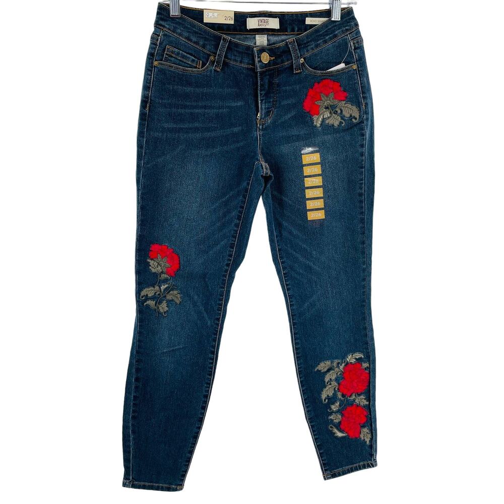 Embellished Skinny Jeans - Red Floral Embroidery